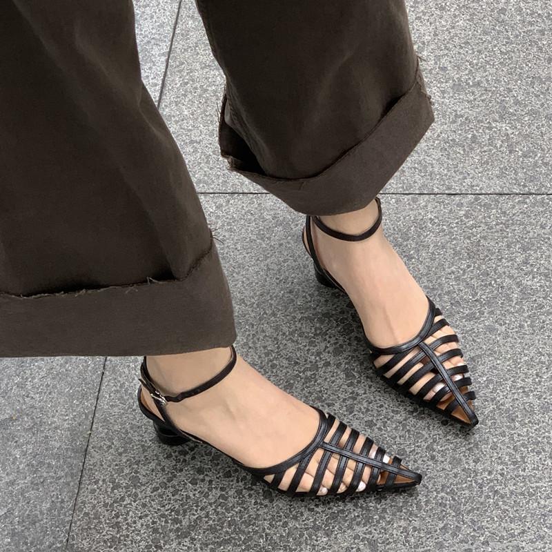 2024 New Sandals Size 34-40 New Arrive Retro Square High Heels Shoes Buckle Genuine Leather Women Sandals Ladies Dress Shoes