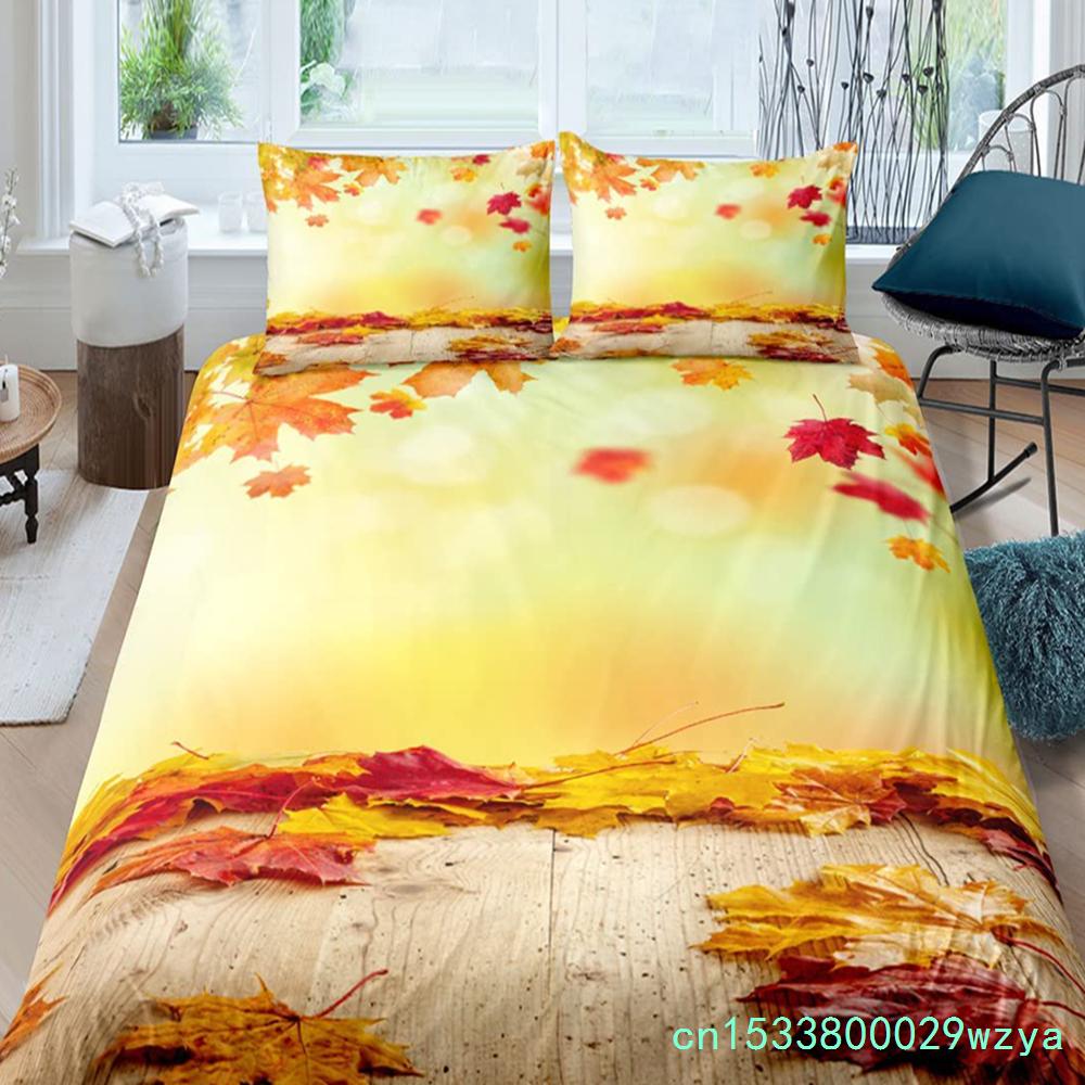 Maple Leaves Polyester Duvet Cover Set Fall Theme Comforter Cover With Pillowcase King Queen Size For Kids Boys Girl Bedding Set