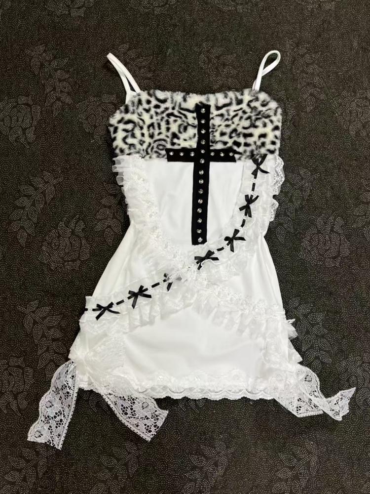 

Американська Красуня Хрест Сукня-комбінація Жіноча Готична Y2k Леопардовий Принт Мереживо Сліп-сукні Естетична Мода Хепберн Дизайнерський Одяг M білий