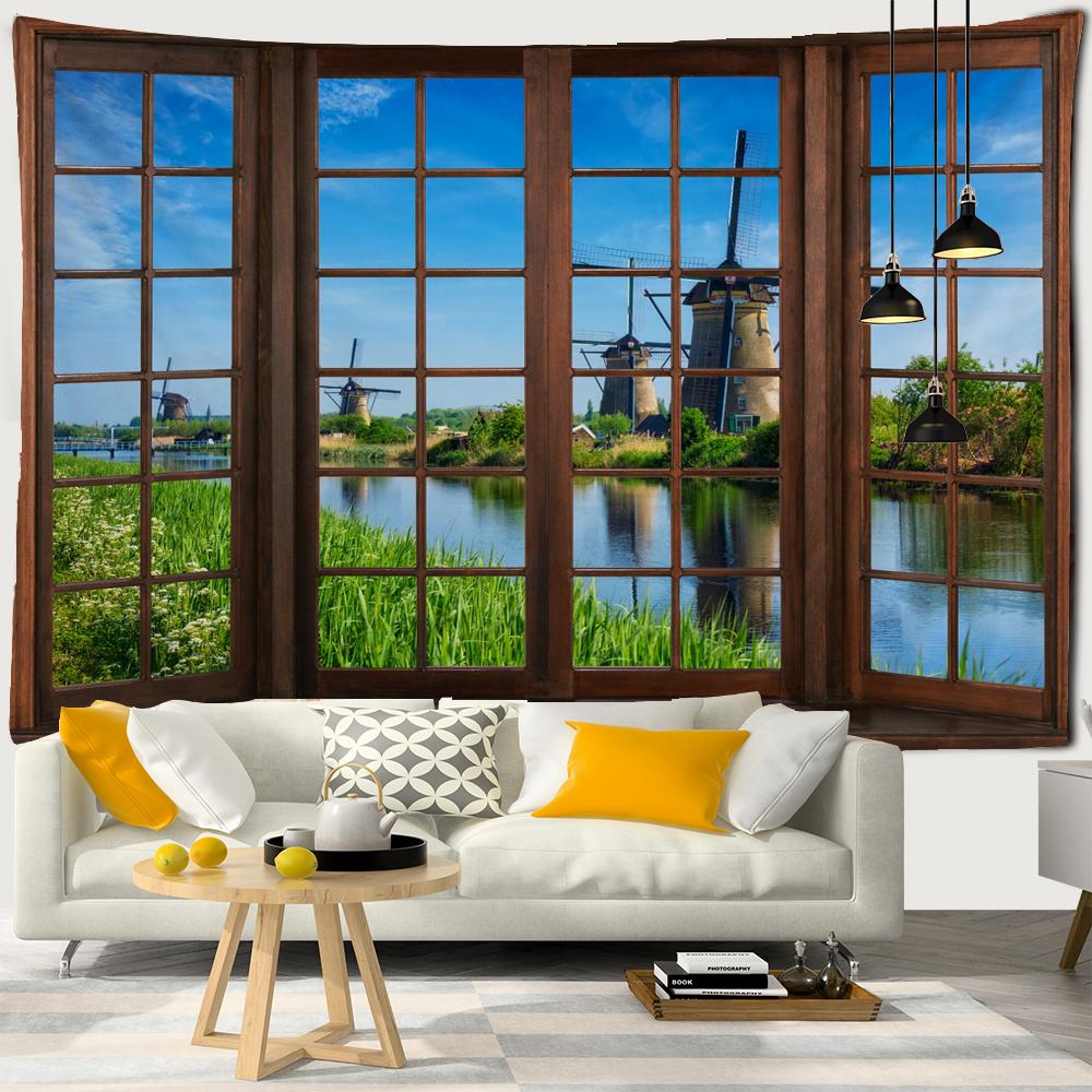 3D Window Scenery Decoration Tapestry Hippie Wall Bohemian Style Decoration Tapestry Bedroom Dormitory Wall Tapestries