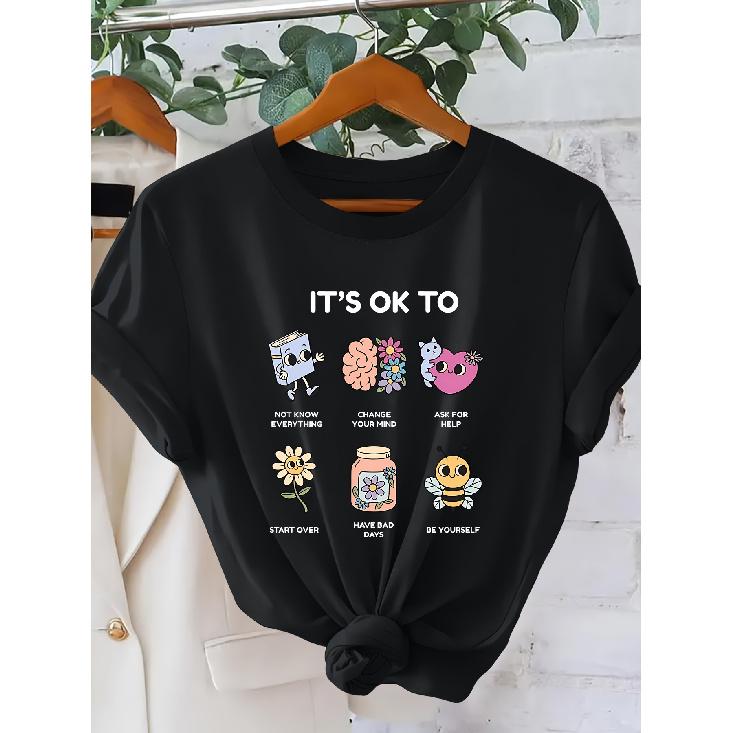 Self-Acceptance Statement for Women T Shirt | “It's OK To” Cartoon Illustration, Psychological Healing Style, Round Neck, Short Sleeves| Casual