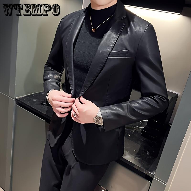 Men's Solid PU Leather Jacket with Pockets, One Button Slim-fit Lapel Outwear - for Business, Parties & Formal Occasions - for Men - PU Leather