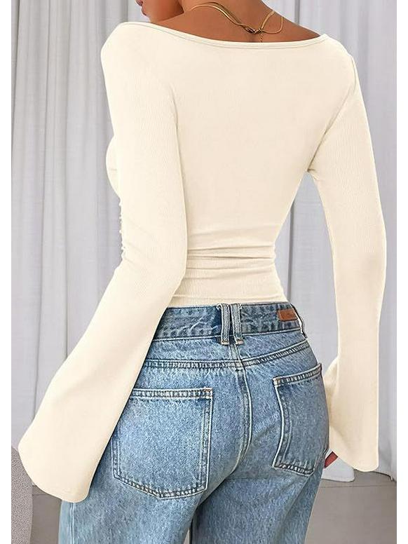 2025 Herbst Slim Fit Damen U-Boot-Ausschnitt Glockenärmel Gerafftes Oberteil - Einfarbig, Langarm