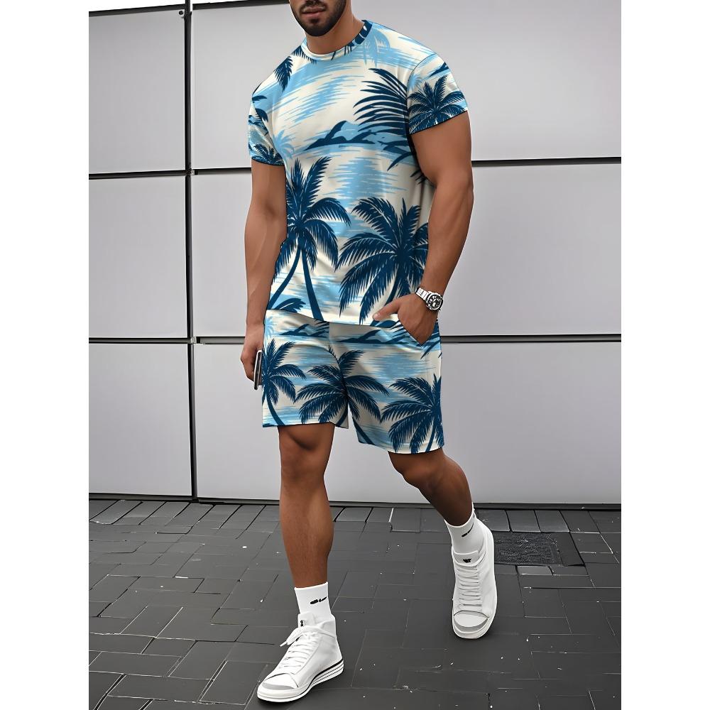 Men'S Summer Tropical Print Short Sleeve Set, Fashion Casual Two-Piece Suit, Sports Shorts And T-Shirt Matching