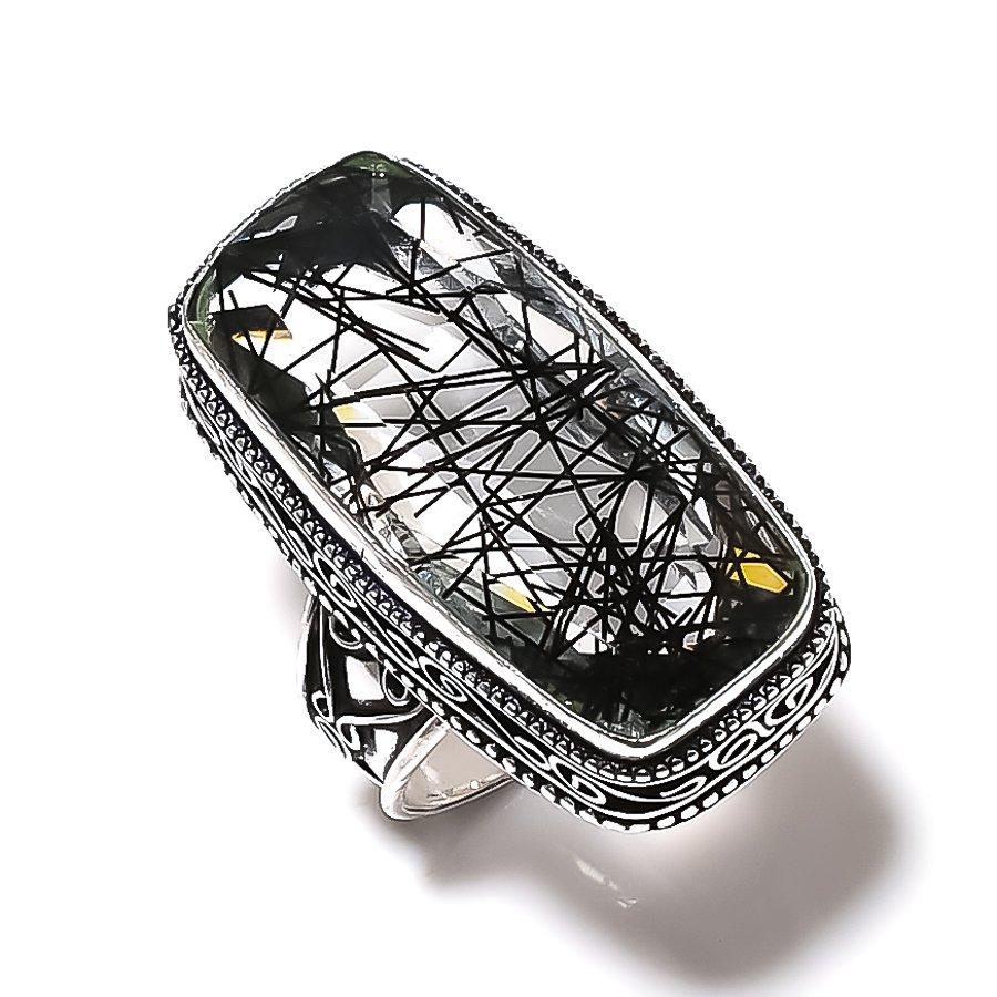 Black Rutile Gemstone 925 Sterling Silver Gift Jewelry Ring Size 9.5