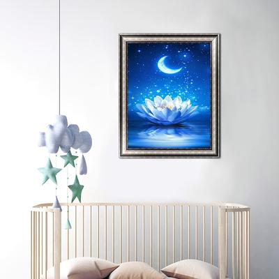 5D-Diamantgemälde zum Selbermachen, blauer Mond und Lotus, Kreuzstich-Set, volle Diamant-Stickerei, Mosaikkunst, Bild von Strasssteinen, Dekor, Geschenk