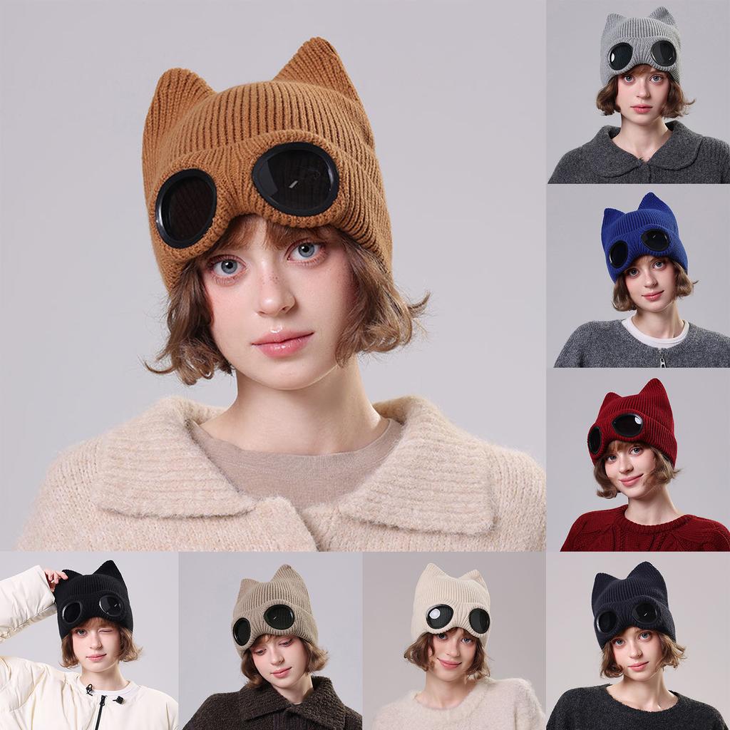 Men's And Women's Velvet Knitted Hats, Sunglasses, Warm Woolen Hats, Fashionable Flying Ski Hats