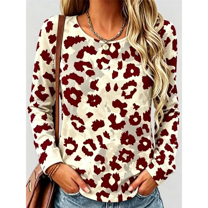 Fashion Women's Crew Neck Long Sleeve 3D Casual Color Printing Casual Long Sleeve Crew Neck T-Shirt