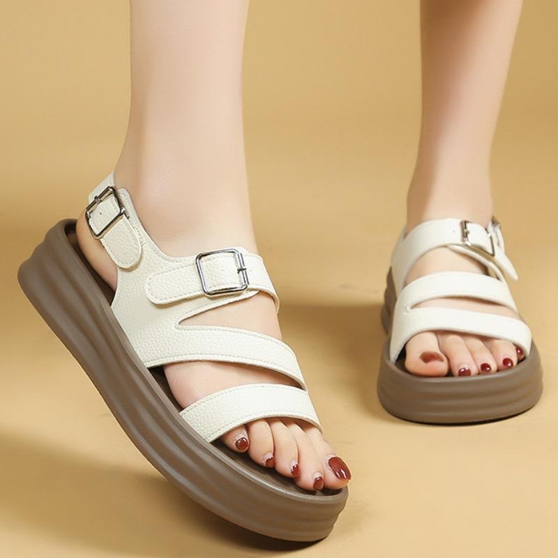 Letní nový styl 2025 módních a jednoduchých dámských žabek s plochou podrážkou a silnou podrážkou s páskem na jeden knoflík