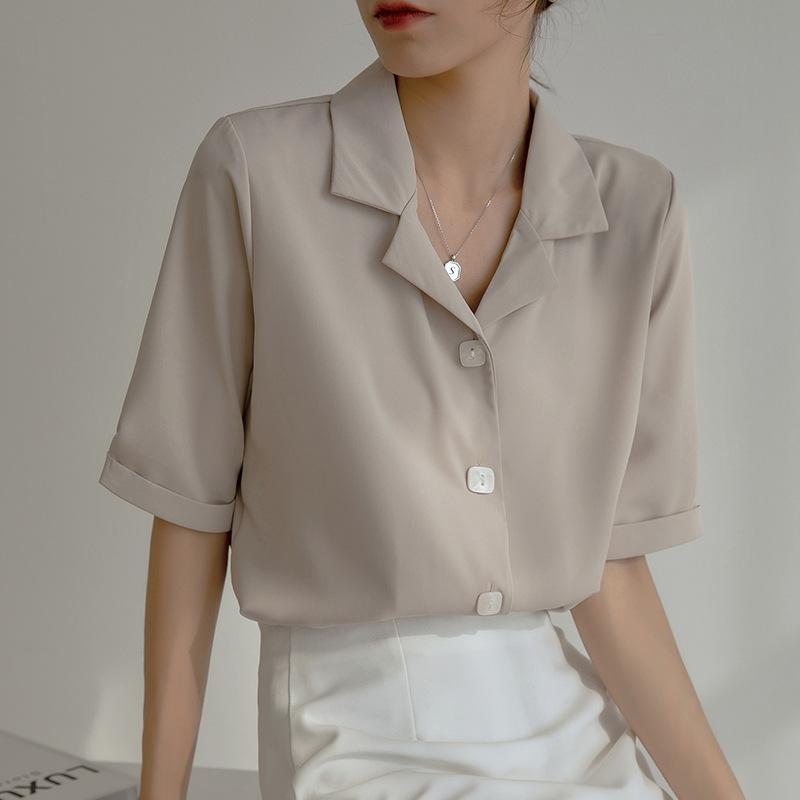 GMXIA Women's Summer White Blouse Career Chiffon White Shirt Ladies Designer Commuter Short Sleeve Temperament Top