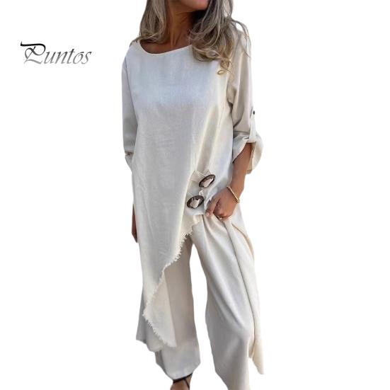 

Женский асимметричный комплект из двух предметов с высоким и низким подолом, топ с круглым вырезом и разрезом, широкие брюки, костюм для отдыха, весна-осень, повседневный свободный наряд для повседневной носки, путешествий, пляжа L бежевый