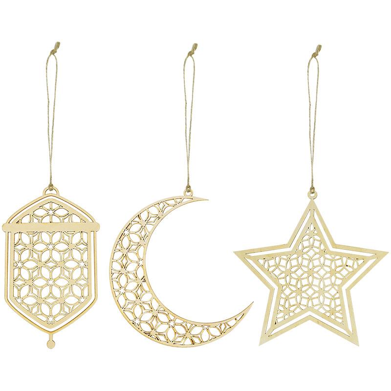 3 Stück Holz Eid Mubarak Hängeanhänger Ornament Ramadan Kareem Geschenk Islam Muslimisches Zuhause Tischdekoration DIY Bastel Partyzubehör
