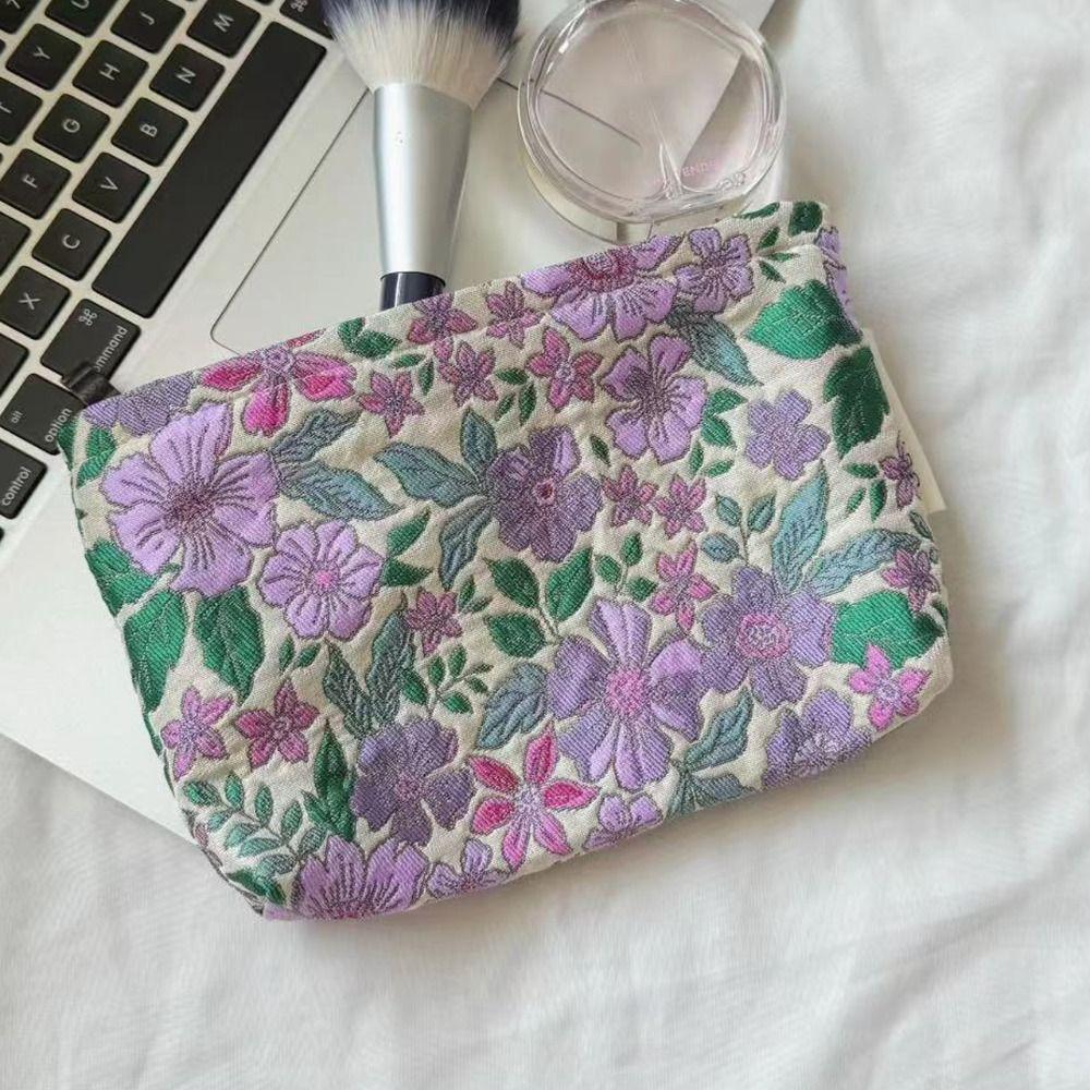 Polyester Canvas Flower Clutch Bag Large Capacity Zipper Closure Cosmetic Storage Pouch Portable Flower Pattern Makeup Bag