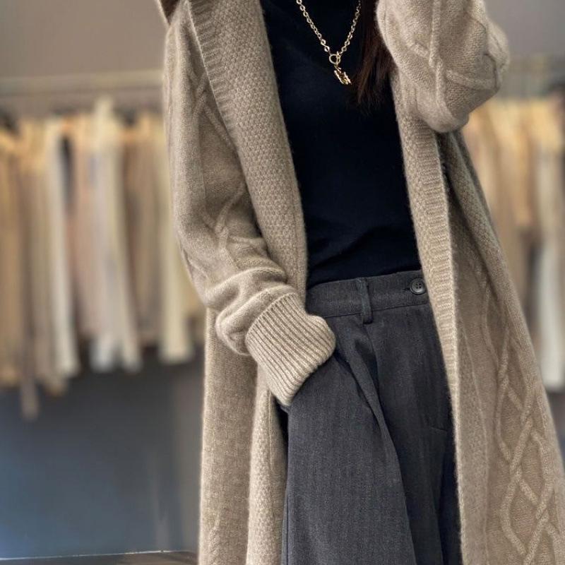 Women's Thick Cable Knit Hooded Coat - Mid-Length, Over-the-Knee, Autumn/Winter Outerwear