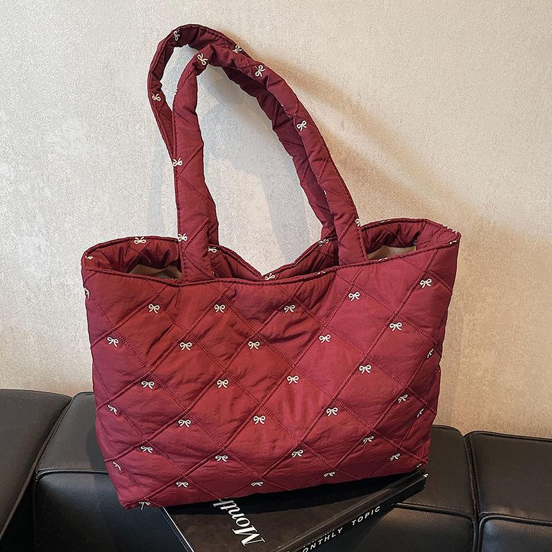 Cute Sweet Bow Prints Handbag Soft Puffer Tote Large Capacity Shoulder Bag Mom Bag Women Commute Casual Simple Storage Bag Gifts
