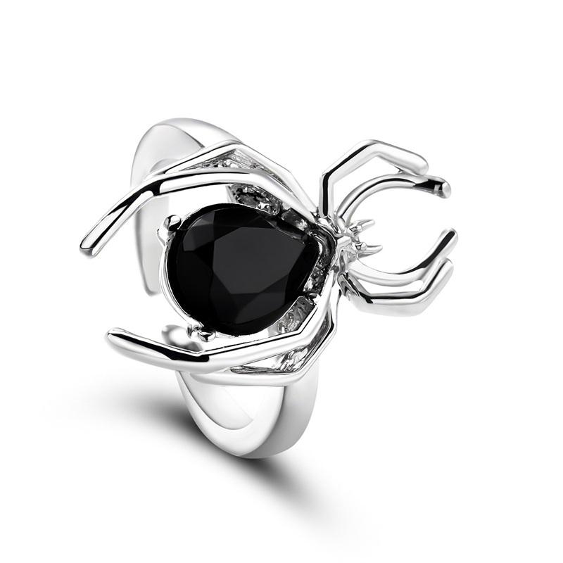 Eilieck Kreativer 2-Farben Spinnen Zirkon Kristall Offener Ring für Damen Stilvoller Metall Verstellbarer Fingerringe Schmuck Halloween Geschenk black