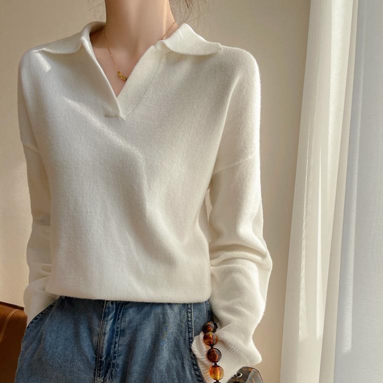 POLO-Kragen Strickpullover Damen Herbst und Winter Modischer Lockerer Pullover Vielseitiger Einfarbiger Freizeitpullover