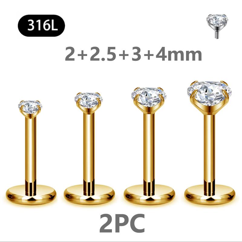 2/4PC Labret Tragus Stud Earrings 16G Surgical Stainless Steel CZ Crystal Monroe Helix Cartialge Conch Medusa Lip Body Piercing