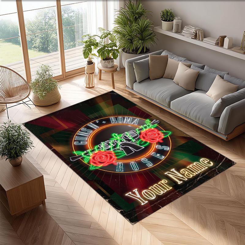 Guns N’ Roses Crystal Velvet Rug, Custom Name Text Personalized Non‑Slip Floor Mat for Home Decor Gift
