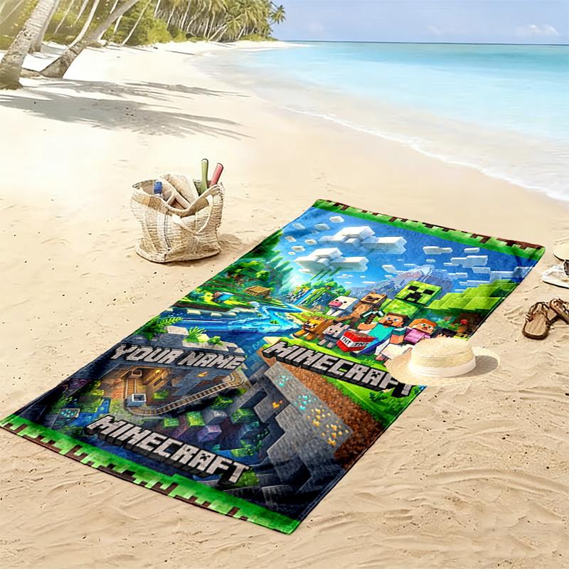 Name Custom Mine World Building Print Beach Towel, Large Soft Quick Dry Towel for Beach Camping Swimming