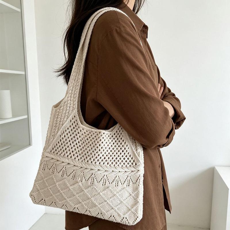 Korean Hollow Knit Women's Large Capacity Shoulder Tote Handbag