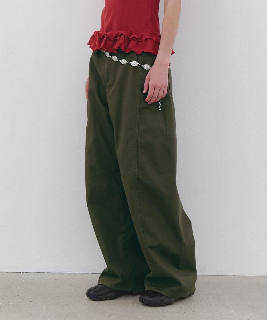 CLUNY Volume Curved Wide Cotton Pants - Khaki
