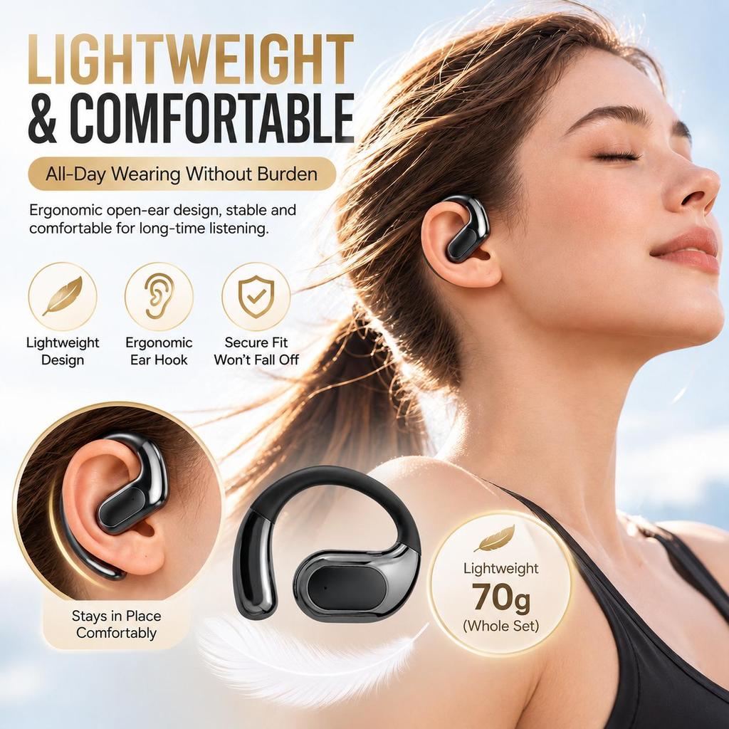 Open Ear Wireless Headphones Bluetooth 5.4, Comfortable Lightweight Earphones with LED Display, Touch Control & Type-C Charging