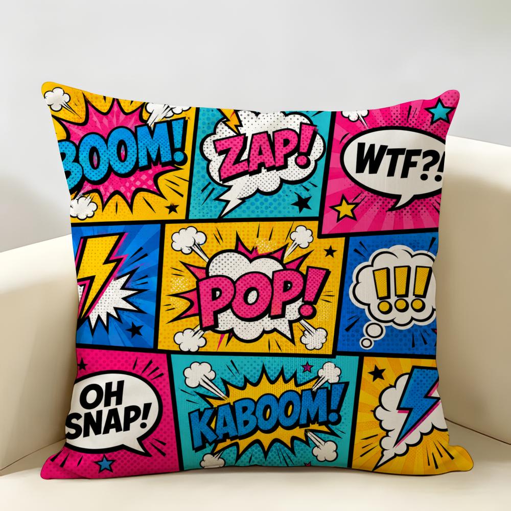 Comic Bubbles Pop Art Cushion Cover Durable Hypoallergenic Organic Linen Pillow Cover Short Size Washable SkinFriendly