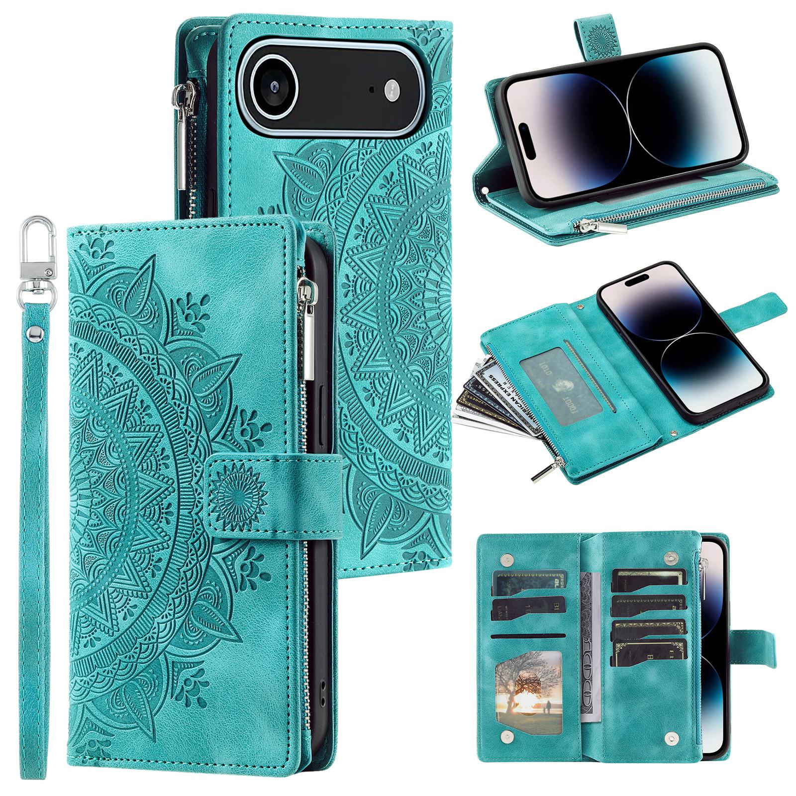 For iPhone Air Wallet Case Mandala Flower Pattern PU Leather Phone Cover with Wrist Strap A