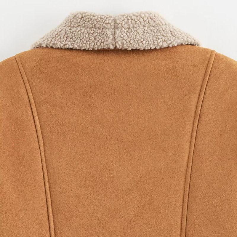 Women's Faux Suede Leather Jackets Flip Collar Fleece Lining Loose Fur One-piece Top Vintage European Style Coat Autumn and Winter