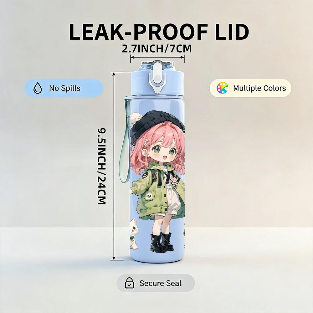1PC Pink Hair Girl Green Raincoat Pattern 750ml Color Plastic Sports Water Bottle Leakproof Flip Straw Lid Suitable for Sports Office Home Use