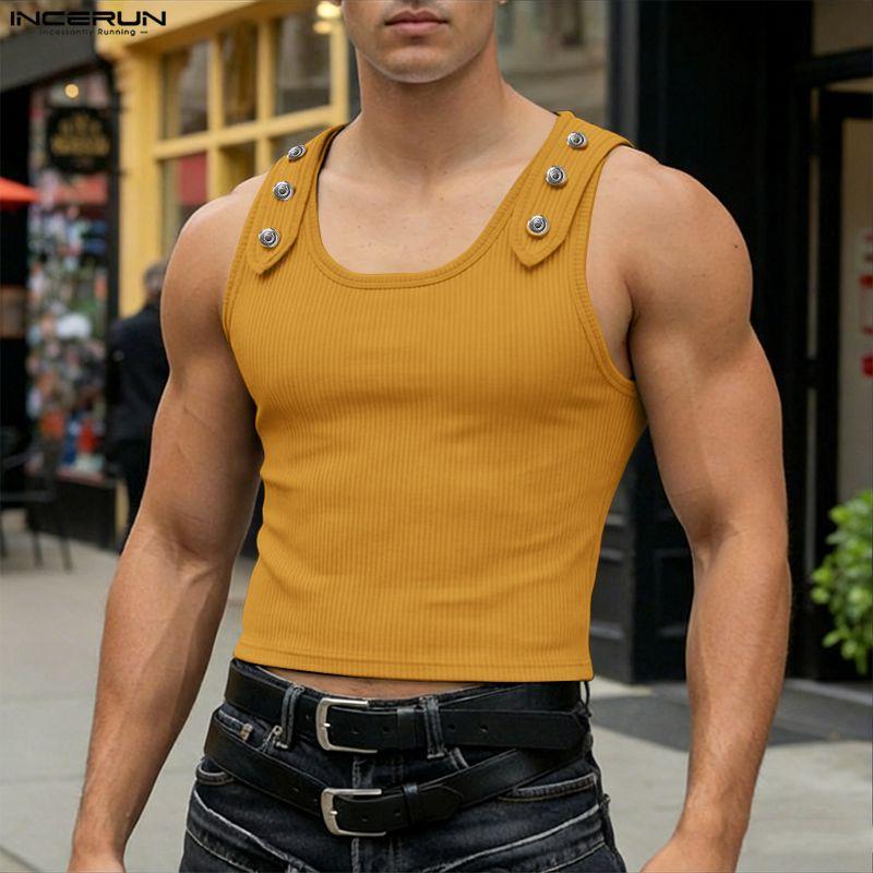 INCERUN Summer Men Sleeveless Strap Decorative Ribbed Casual Tank Tops