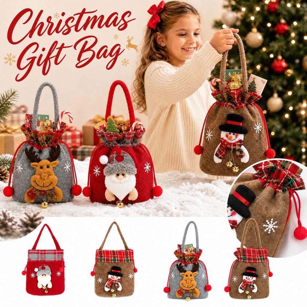 Christmas Gift Bags with Bells, Holiday Bag for Candy and Kids Treats, Present Gift Bags