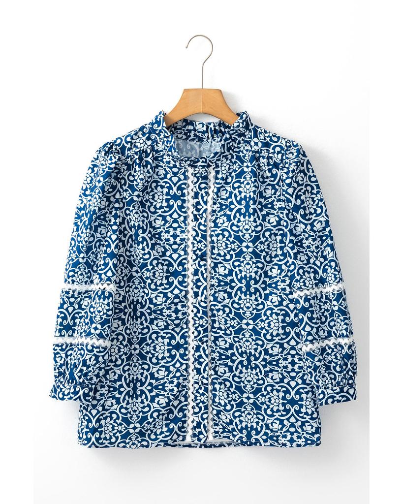 Azura Exchange Blue Floral Ric-rac Patchwork Button Loose Fit Shirt