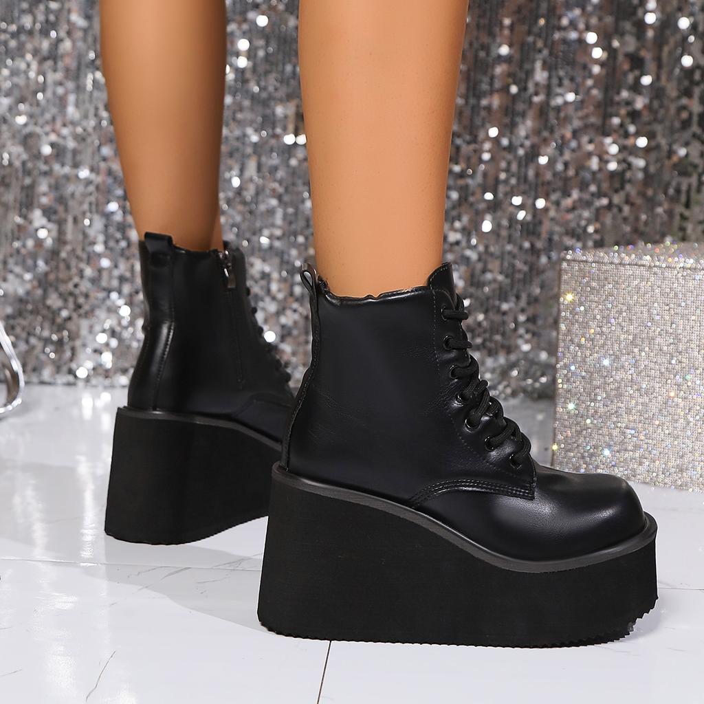 Women Punk Boots Heel Chunky Motorcycle Boots Sexy Nightclub Party Shoes Mid-Calf Lace Up Casual Outdoor Shoes For Female 35-42