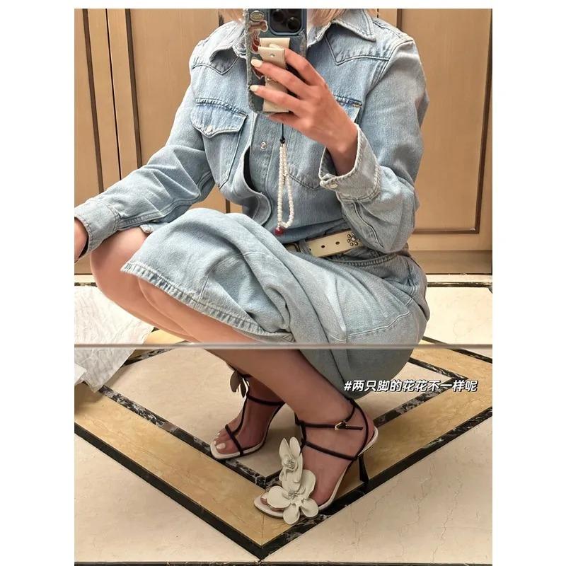 Fashion Flower T-Tied Women's Sandals Square Toe Stiletto Side Air Slingback High Heel One Word Belt Buckle Strap Elegant Shoes Wedding