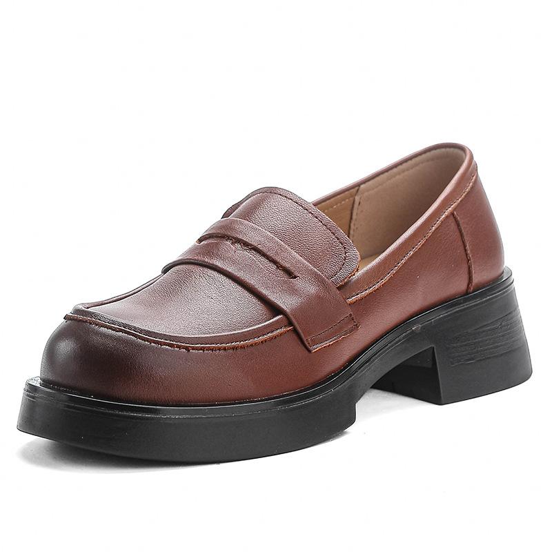 First Layer Cowhide High Heels Women's Retro Leather Shoes Muffin Heel Small Leather Shoes Genuine Leather Women's Shoes