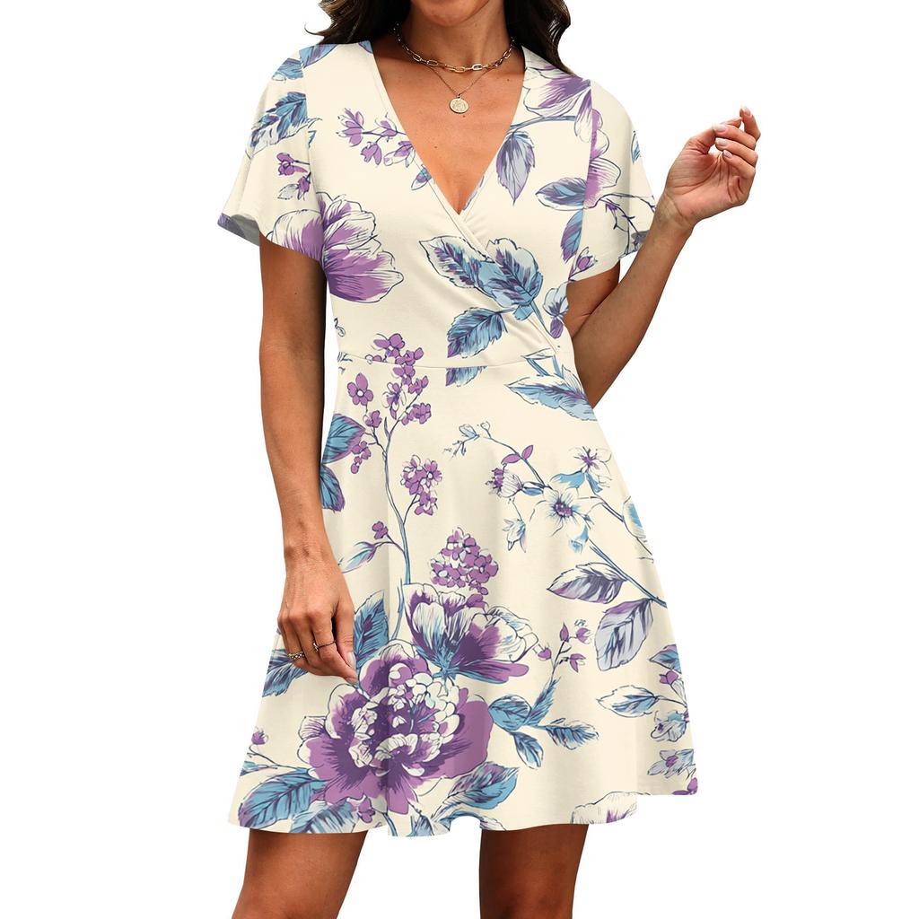 Women’s Casual V Neck Short Sleeve Dress Floral Print Soft Fabric Lightweight Relaxed Fit Summer Style