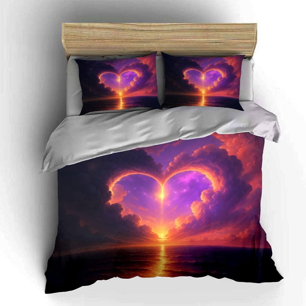 Heart-Shaped Sunset Clouds Bedding Duvet Cover Set (1*Duvet Cover 2*Pillowcases, without duvet insert)