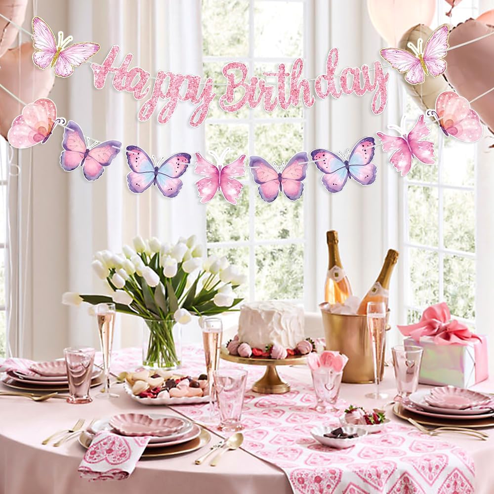 Pink Butterfly Birthday Banner, 63" x 23.6", Fade Resistant, Lightweight, Women/Girls/Teen Girls