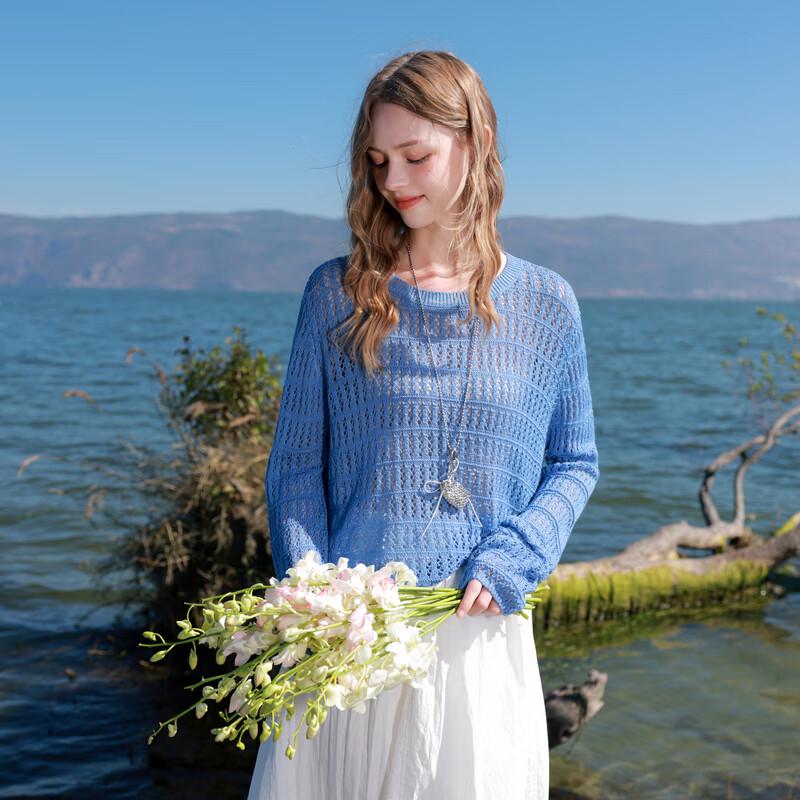 Openwork Knit Round Neck Long Sleeve Loose Short Blouse