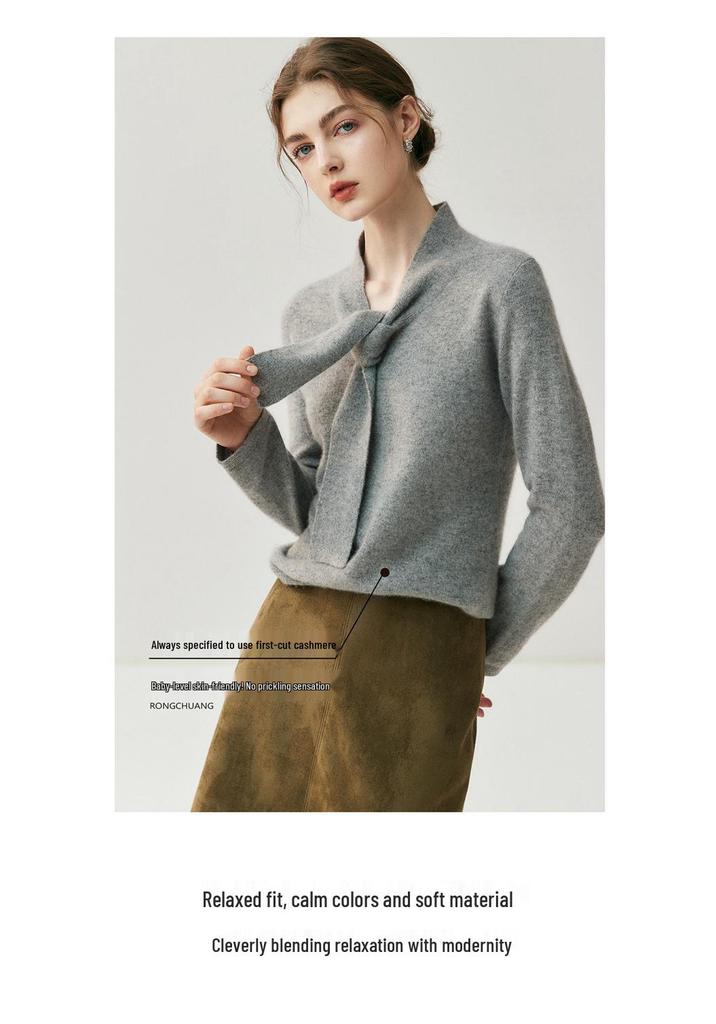60% Cashmere V-neck Ribbon Knit Top for Women - Loose & Slimming Fit