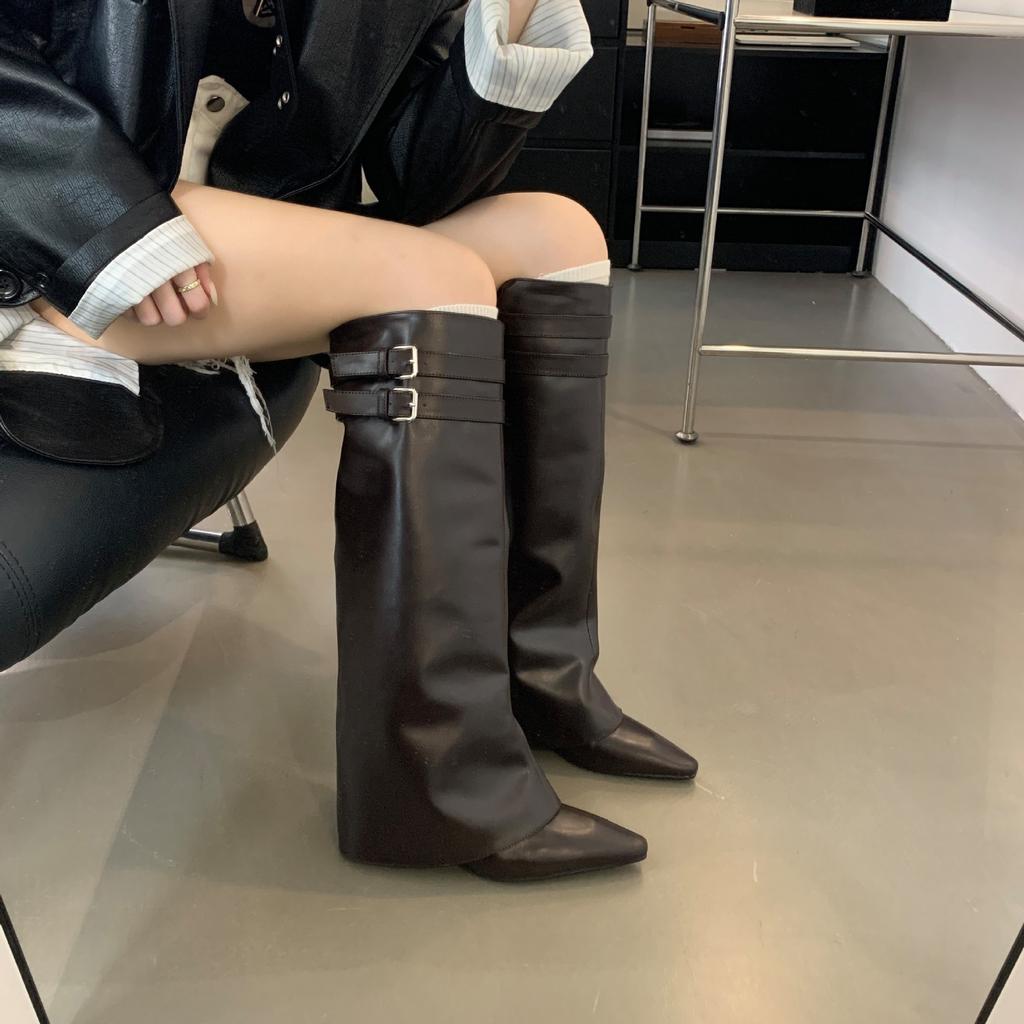 2025 autumn Korean version of fashion pants boots pointed thin middle heel boots but knee temperament sleeve fashion single boots