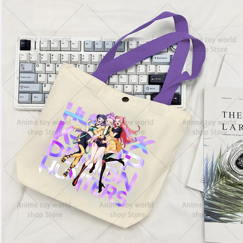 KPop Demon Hunters GIRLS Canvas Shopping Bags Women Cotton Tote Bags Reusable Cartoon Letter Shoulder Bag Grocery Handbag Beige
