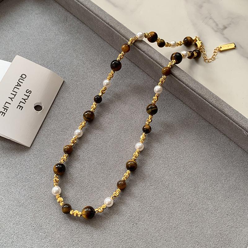 Natural Tiger's Eye Pearl Necklace Bracelet Set Beaded Clavicle Chain Maillard Accessories Women