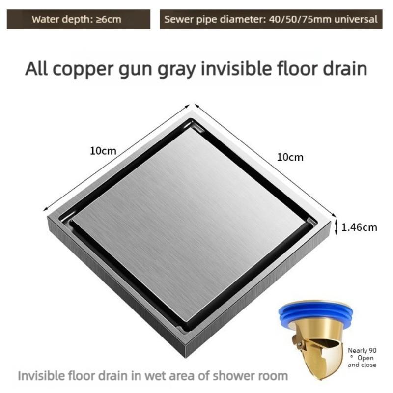 Gun Gray All Copper Anti Odor Bathroom Shower Room Sewer Invisible Floor Drain Washing Machine Toilet Drainage Device