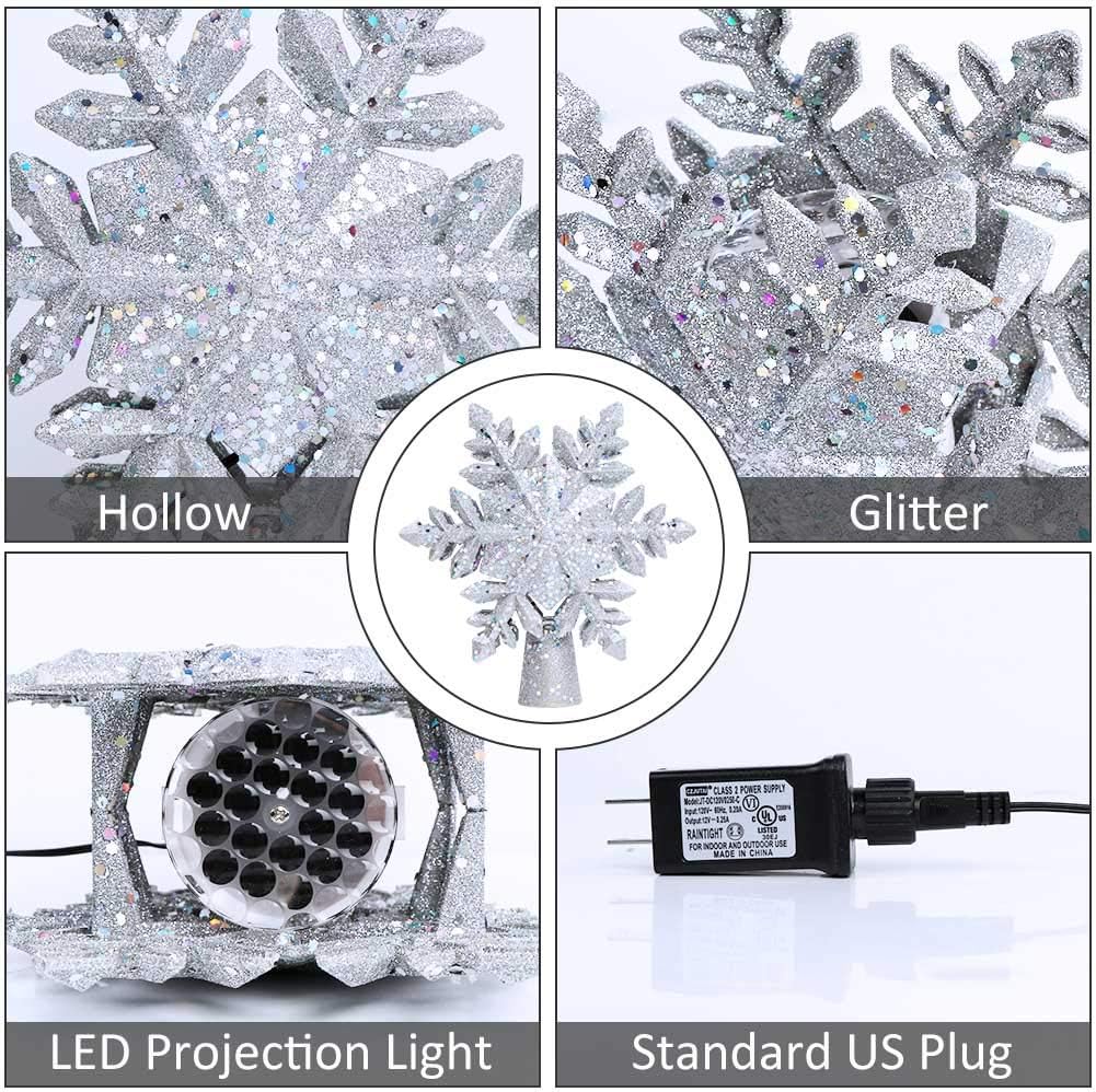 LED Christmas Tree Topper with Rotating Snowflake, Silver Snow Projector Night Light, for Indoor Outdoor Xmas Decor