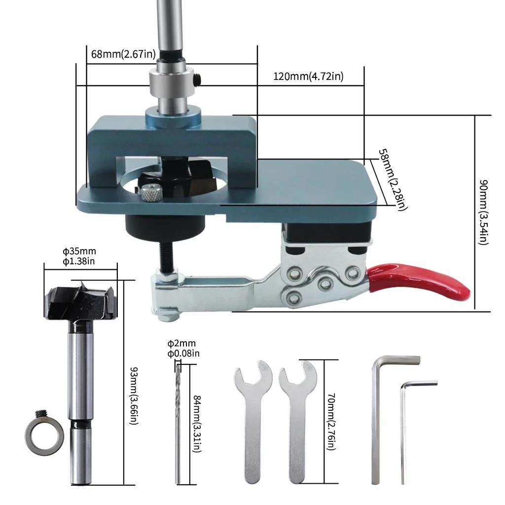35mm Hinge Jig - Precise Boring Guide with Adjustable Edge & Quick Clamp - Hardened Drill Bits for Cabinetry, Furniture DIY
