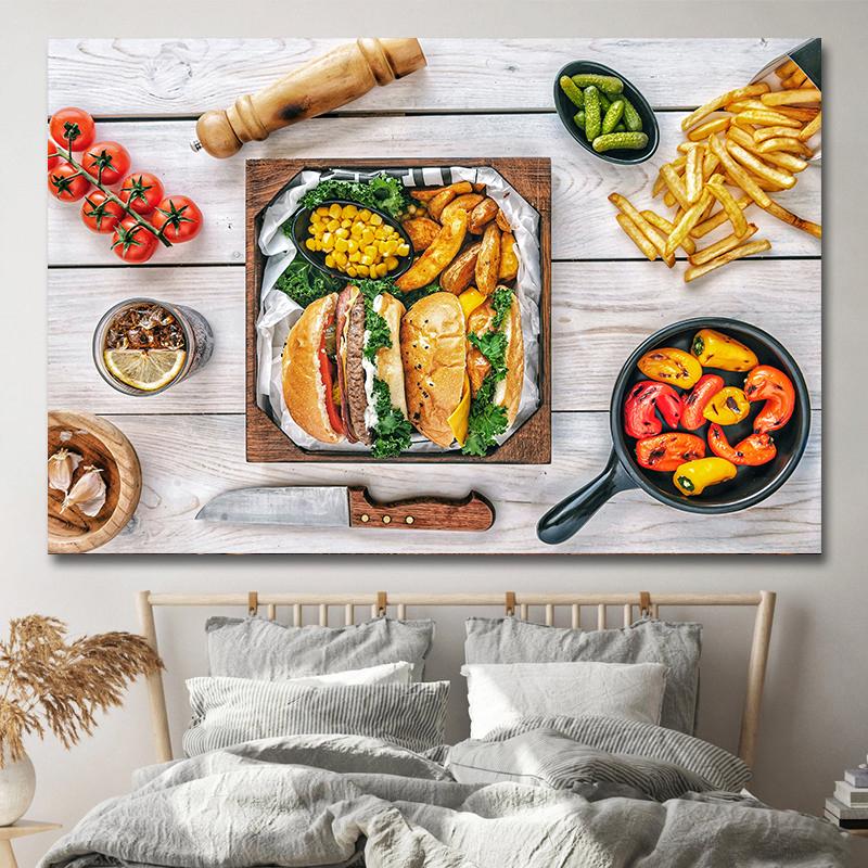 Amerikanischer Stil Fast-Food-Bilder, Leinwandgemälde, Hamburger, Pommes, Hot Dog, Poster und Drucke für Wohnzimmer, Küche, Wanddekoration