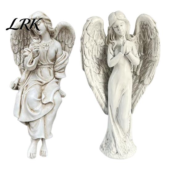Retro Angel Garden Decoration Winged Statue, Resin Praying Figurine, Elegant Healing Courtyard Ornament Sitting Sculpture for Outdoor Indoor